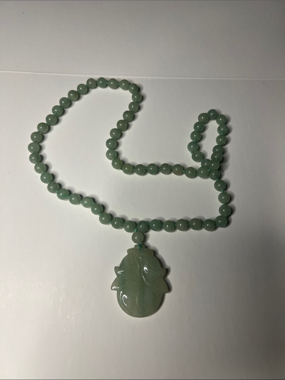 Green serpentine jade like beaded necklace 28”